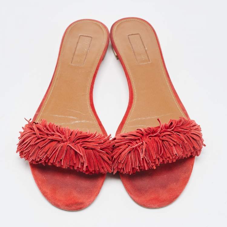 Pre Owned Aquazzura Red Suede Wild Thing Flat Slides Size 38.5