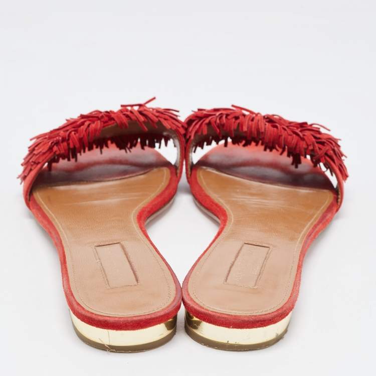 Pre Owned Aquazzura Red Suede Wild Thing Flat Slides Size 38.5