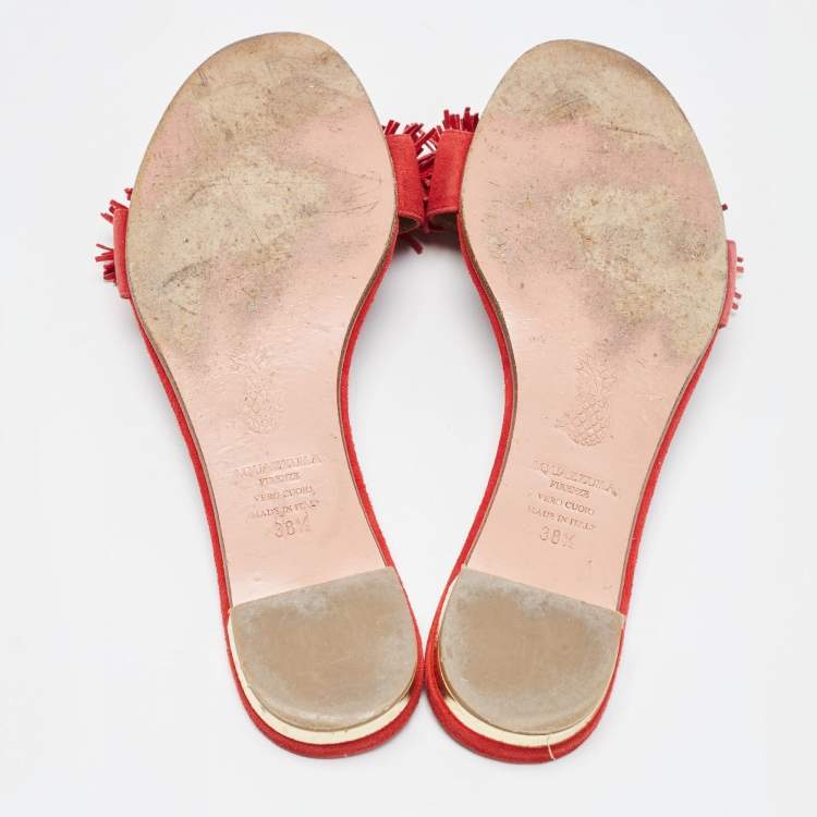 Pre Owned Aquazzura Red Suede Wild Thing Flat Slides Size 38.5