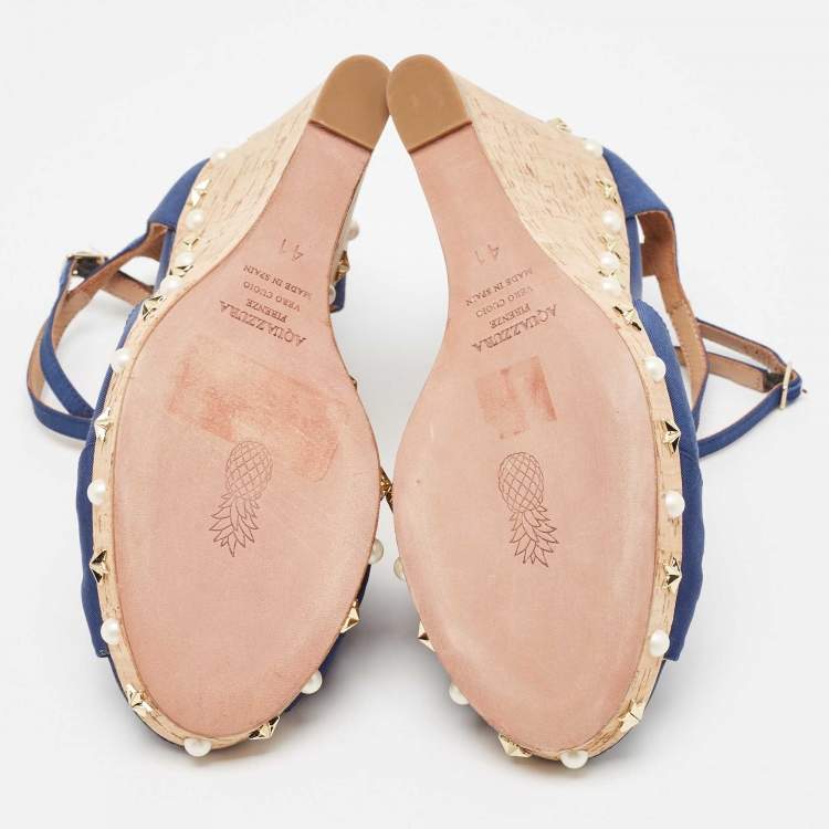 Pre Owned Aquazzura Blue Grosgrain Embellished Harlow Wedge Sandals Size 41