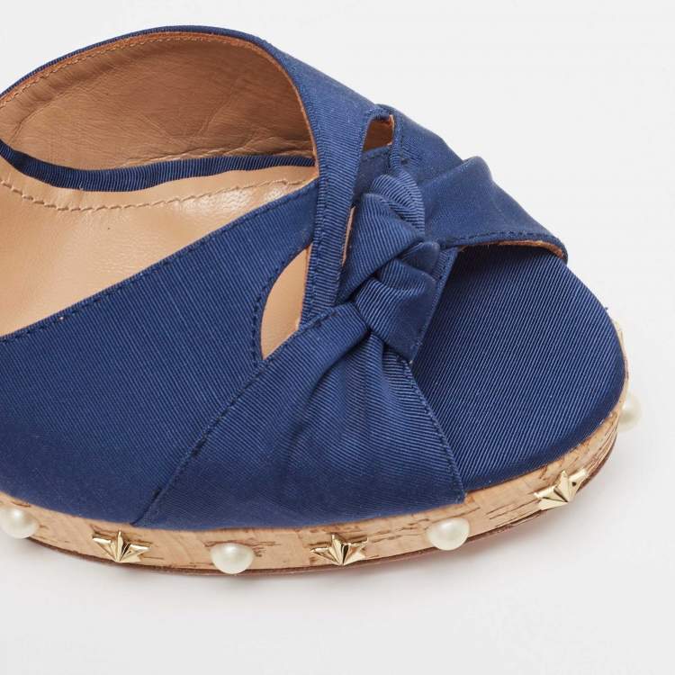 Pre Owned Aquazzura Blue Grosgrain Embellished Harlow Wedge Sandals Size 41
