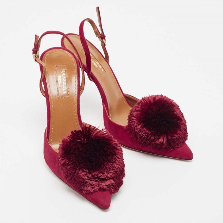 Pre Owned Aquazzura Burgundy Suede Powder Puff Pointed Toe Slingback Pumps Size 38