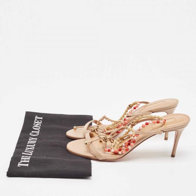 Pre Owned Aquazzura Beige Leather Livia Ankle Tie Sandals Size 38