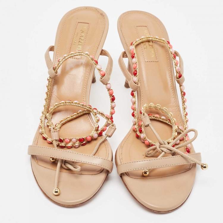 Pre Owned Aquazzura Beige Leather Livia Ankle Tie Sandals Size 38