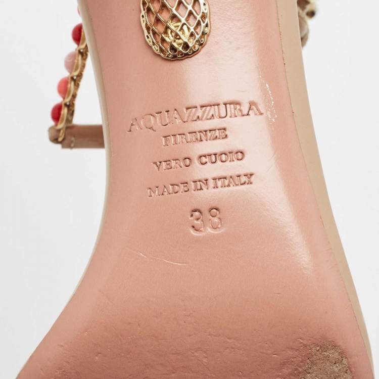 Pre Owned Aquazzura Beige Leather Livia Ankle Tie Sandals Size 38