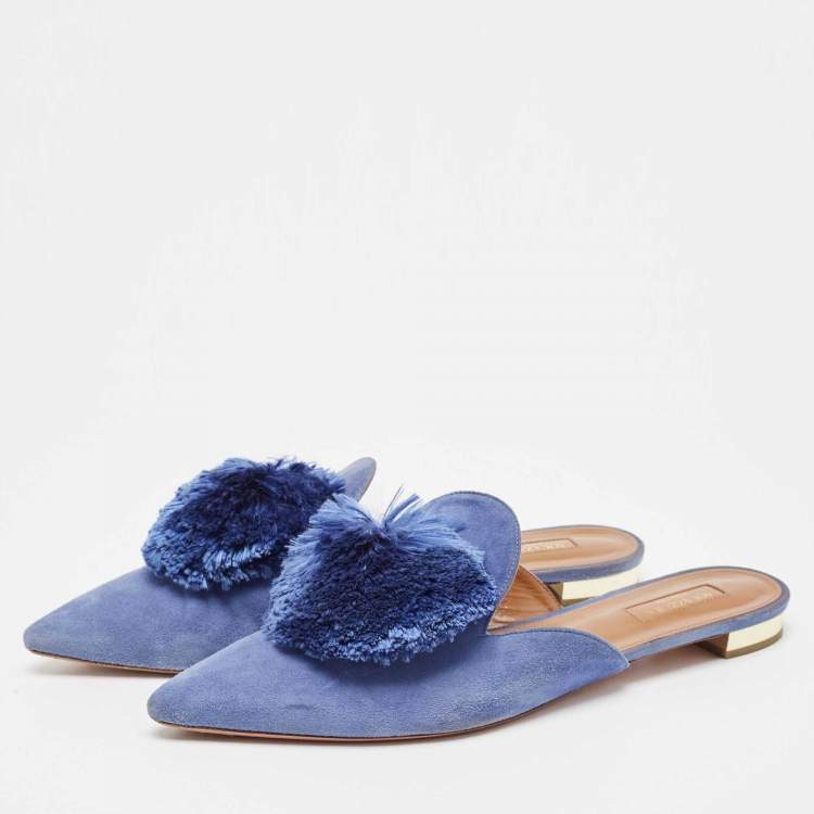 Pre Owned Aquazzura Blue Suede Pompom Flat Mules Size 41
