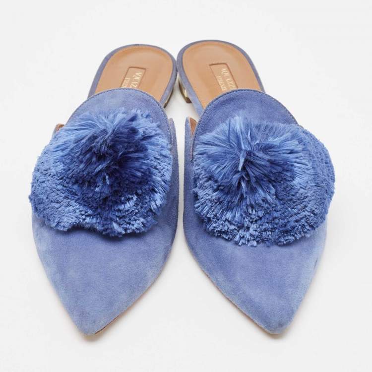 Pre Owned Aquazzura Blue Suede Pompom Flat Mules Size 41