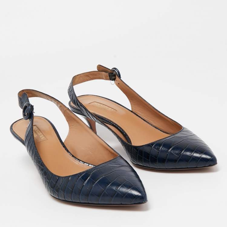 Pre Owned Aquazzura Navy Blue Crocodile Slingback Pumps Size 40