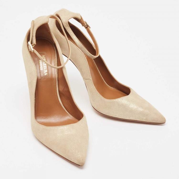 Pre Owned Aquazzura Gold/Gold Suede Dolce Vita Pointed Toe  Pumps Size 38.5