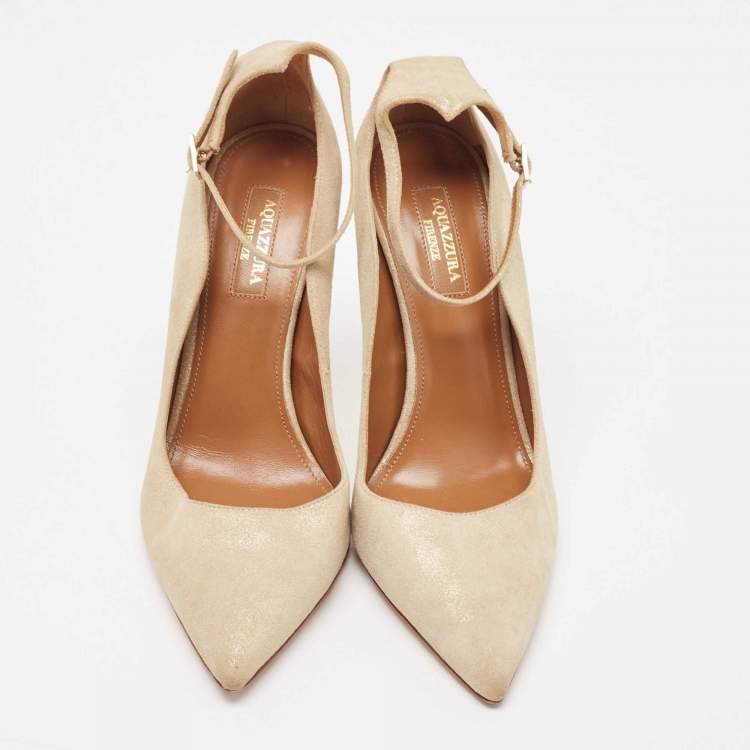 Pre Owned Aquazzura Gold/Gold Suede Dolce Vita Pointed Toe  Pumps Size 38.5
