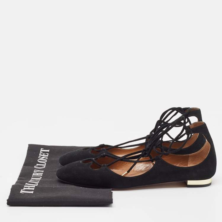 Pre Owned Aquazzura Black Suede Dancer Ankle Tie Flats Size 35.5