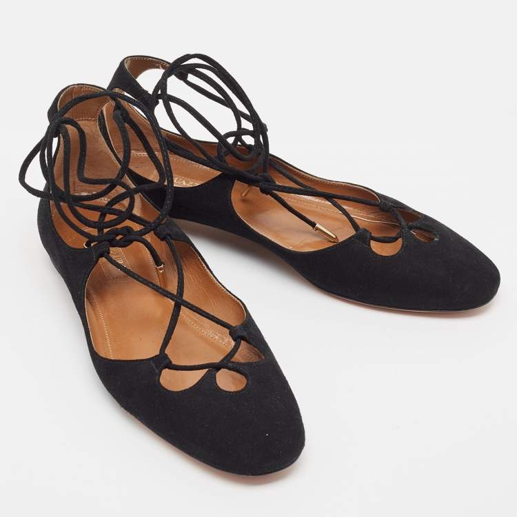 Pre Owned Aquazzura Black Suede Dancer Ankle Tie Flats Size 35.5