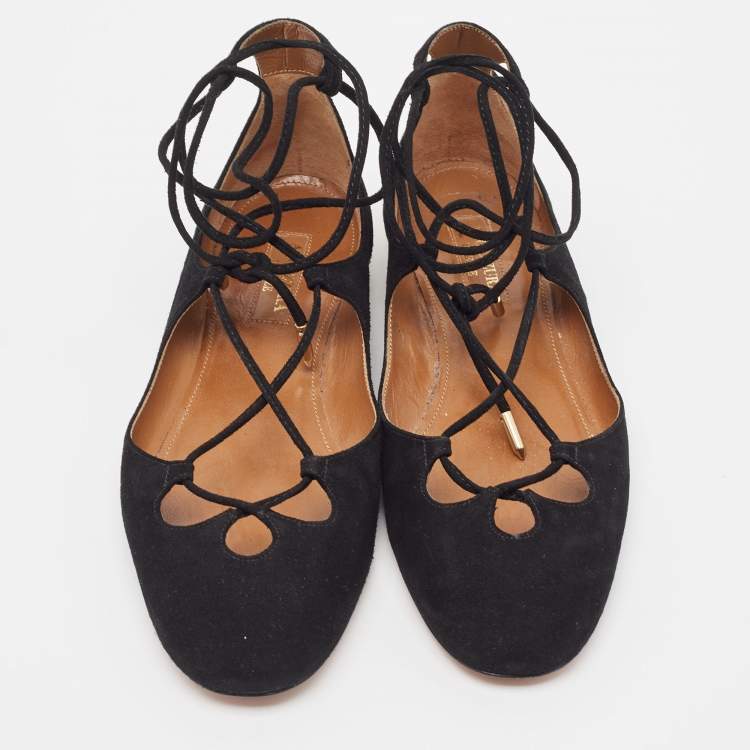 Pre Owned Aquazzura Black Suede Dancer Ankle Tie Flats Size 35.5