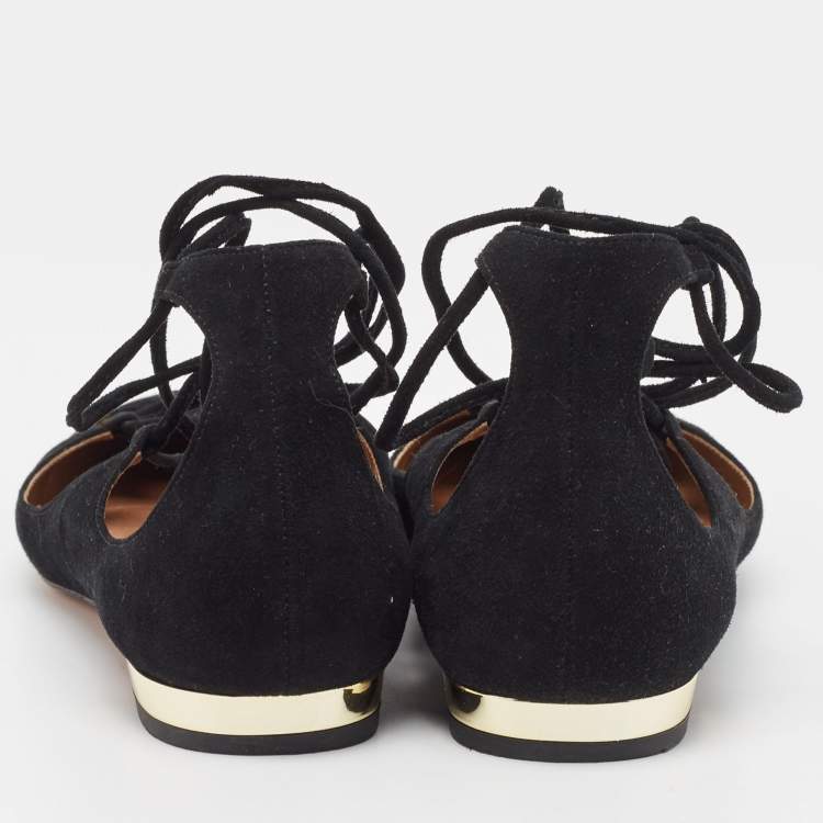 Pre Owned Aquazzura Black Suede Dancer Ankle Tie Flats Size 35.5