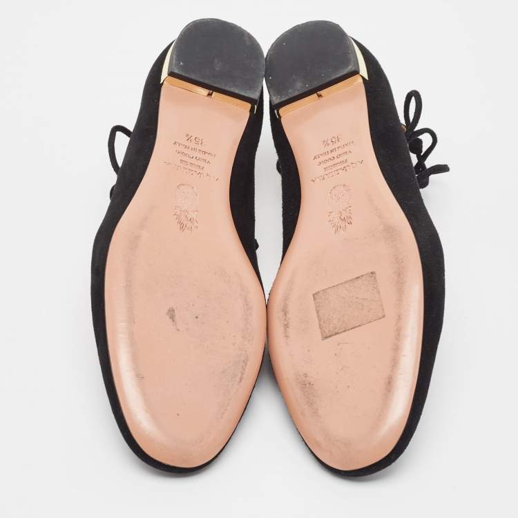 Pre Owned Aquazzura Black Suede Dancer Ankle Tie Flats Size 35.5