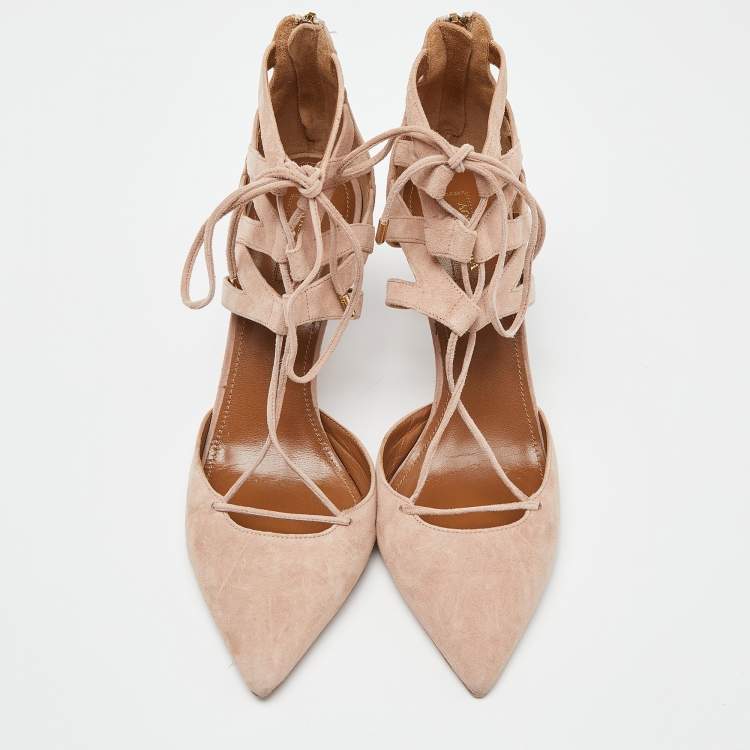 Pre Owned Aquazzura Pink Suede Belgravia Lace Up Pointed Toe Pumps Size 41