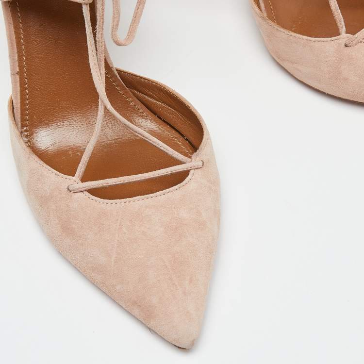 Pre Owned Aquazzura Pink Suede Belgravia Lace Up Pointed Toe Pumps Size 41