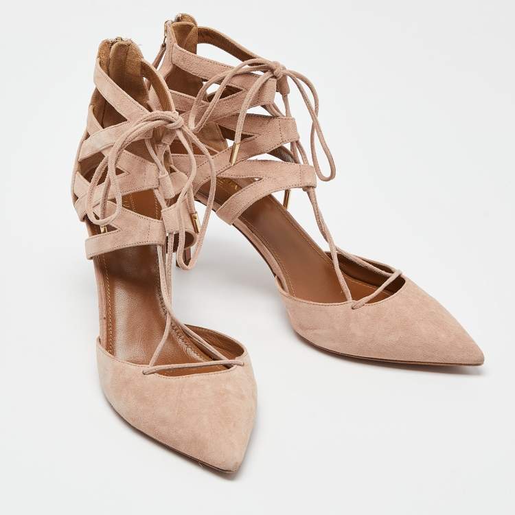 Pre Owned Aquazzura Pink Suede Belgravia Lace Up Pointed Toe Pumps Size 41