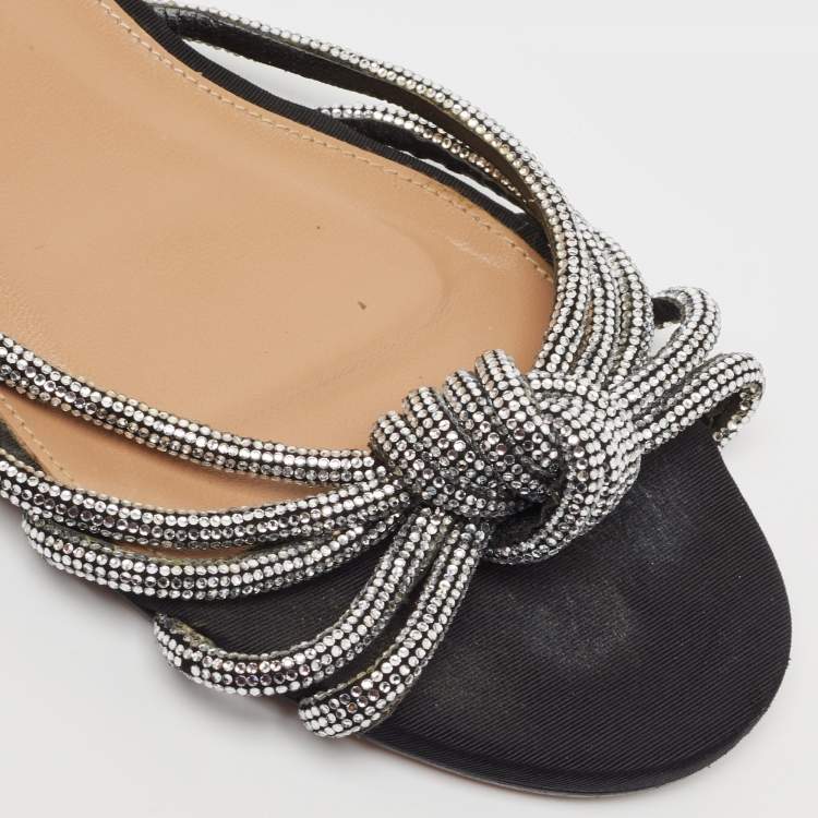 Pre Owned Aquazzura Black Glitter Crystal Embellished Slide Flats Size 39