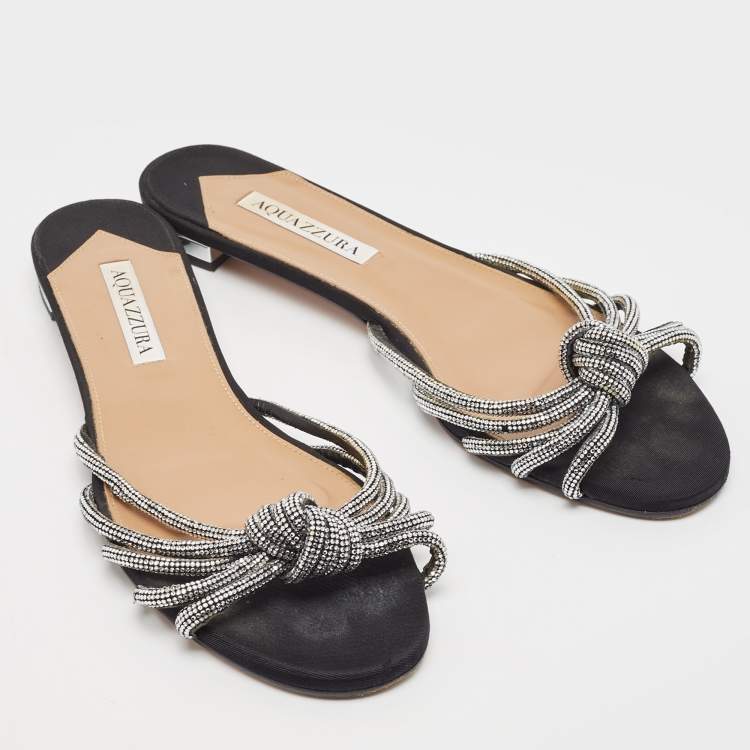 Pre Owned Aquazzura Black Glitter Crystal Embellished Slide Flats Size 39