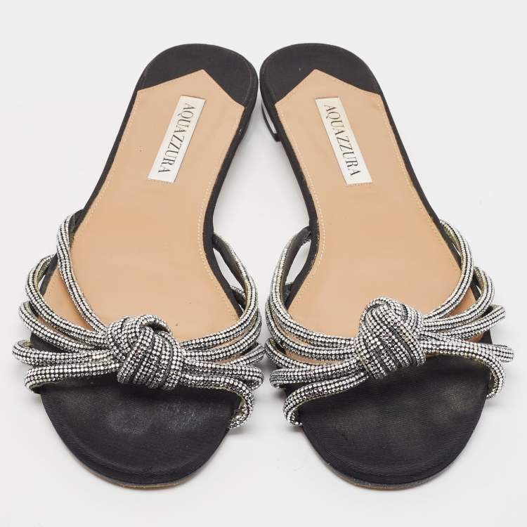 Pre Owned Aquazzura Black Glitter Crystal Embellished Slide Flats Size 39
