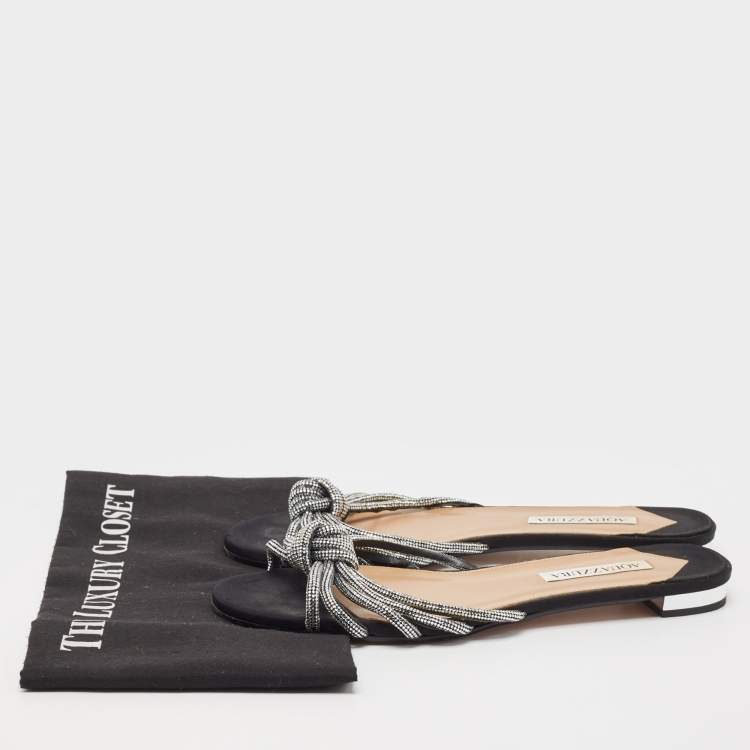 Pre Owned Aquazzura Black Glitter Crystal Embellished Slide Flats Size 39