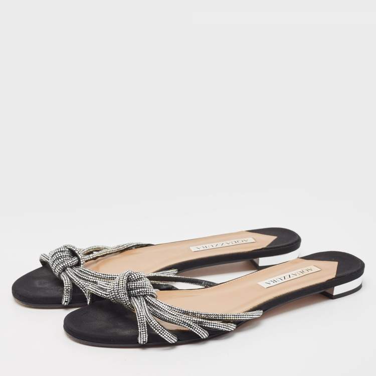 Pre Owned Aquazzura Black Glitter Crystal Embellished Slide Flats Size 39