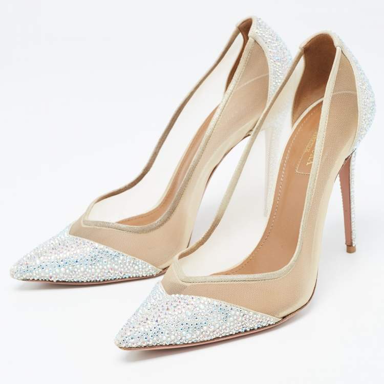 مملوكة مسبقًا Aquazzura Beige/Silver Glitter and Mesh Studded Pointed Toe Pumps  Size 38