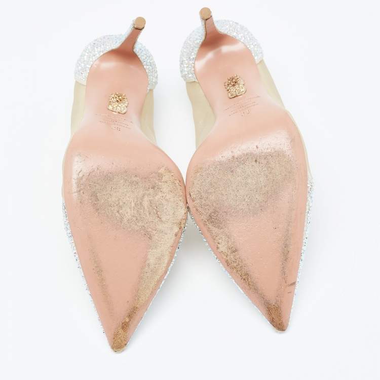 مملوكة مسبقًا Aquazzura Beige/Silver Glitter and Mesh Studded Pointed Toe Pumps  Size 38