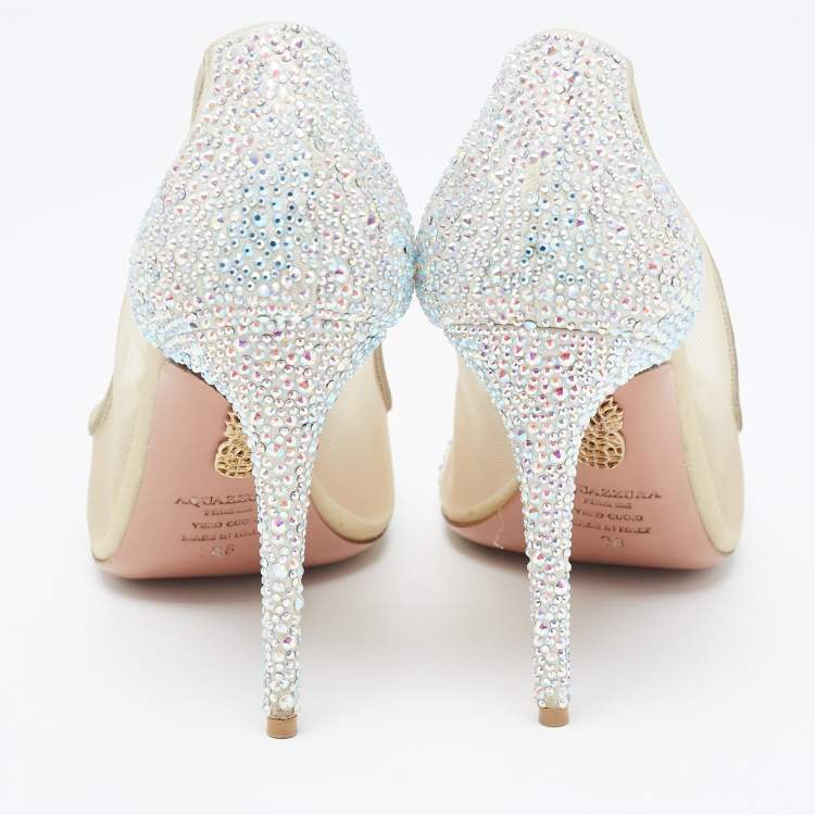مملوكة مسبقًا Aquazzura Beige/Silver Glitter and Mesh Studded Pointed Toe Pumps  Size 38
