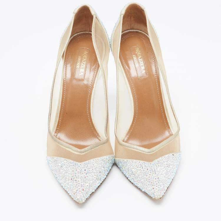 مملوكة مسبقًا Aquazzura Beige/Silver Glitter and Mesh Studded Pointed Toe Pumps  Size 38