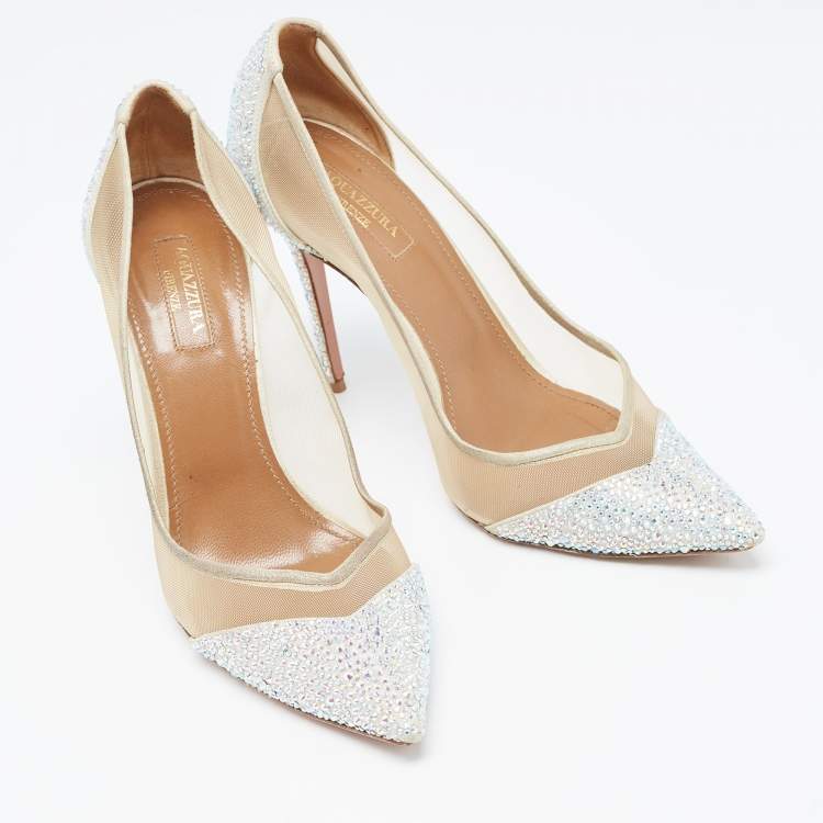 مملوكة مسبقًا Aquazzura Beige/Silver Glitter and Mesh Studded Pointed Toe Pumps  Size 38
