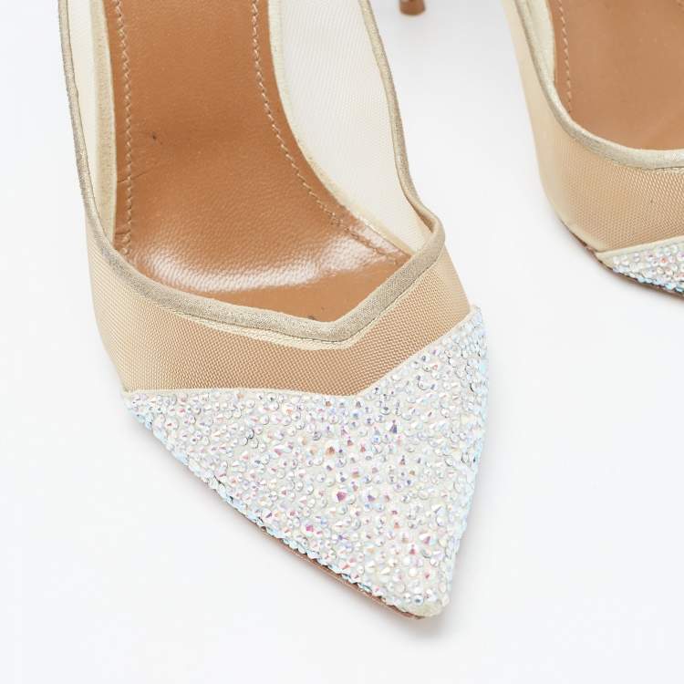 مملوكة مسبقًا Aquazzura Beige/Silver Glitter and Mesh Studded Pointed Toe Pumps  Size 38