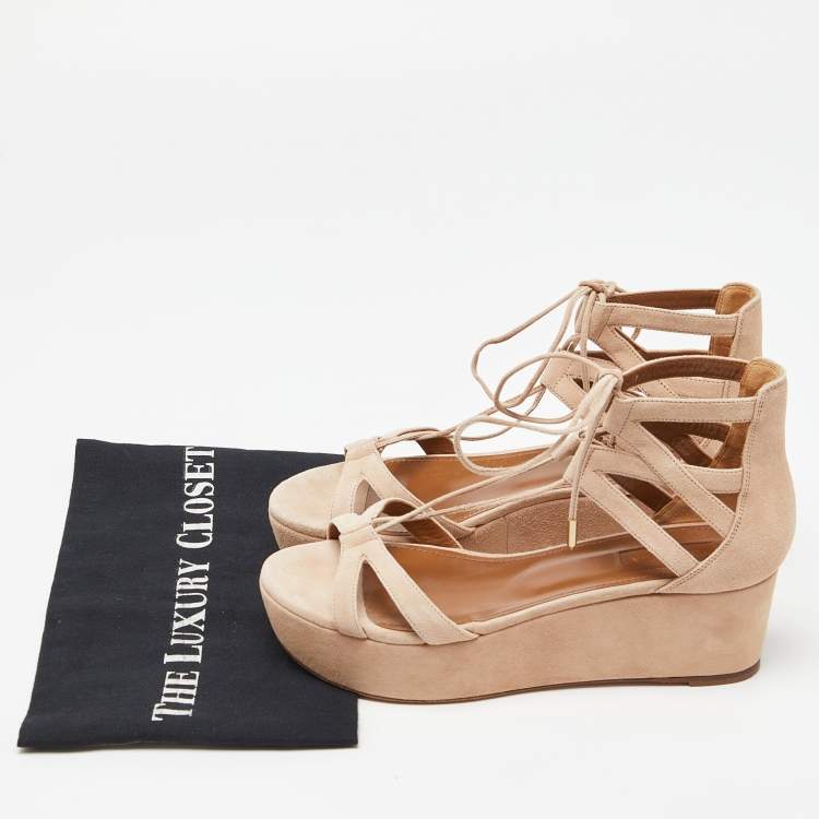 Pre Owned Aquazzura Beige Suede Wedge Strappy Sandals Size 38