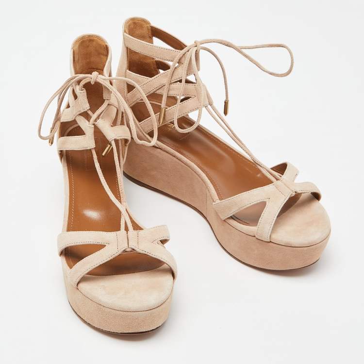 Pre Owned Aquazzura Beige Suede Wedge Strappy Sandals Size 38