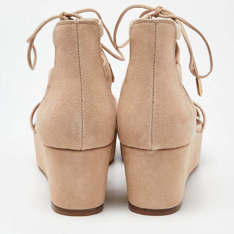 Pre Owned Aquazzura Beige Suede Wedge Strappy Sandals Size 38