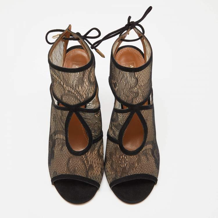 Pre Owned Aquazzura Black Lace and Suede Sexy Thing Sandals Size 38