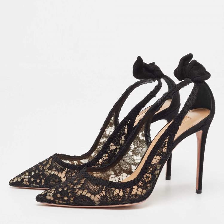 Pre Owned Aquazzura Black Lace and Suede Bow Ankle Tie Pumps Size 40