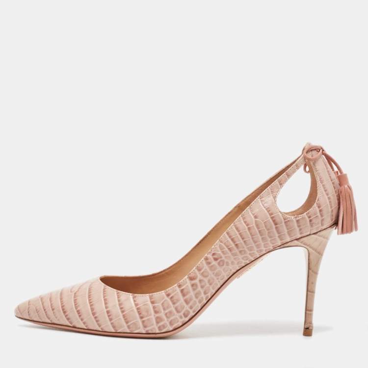 Pre Owned Aquazzura Beige Python Embossed Leather Ankle Tie Up Pointed Toe Pumps Size 40.5