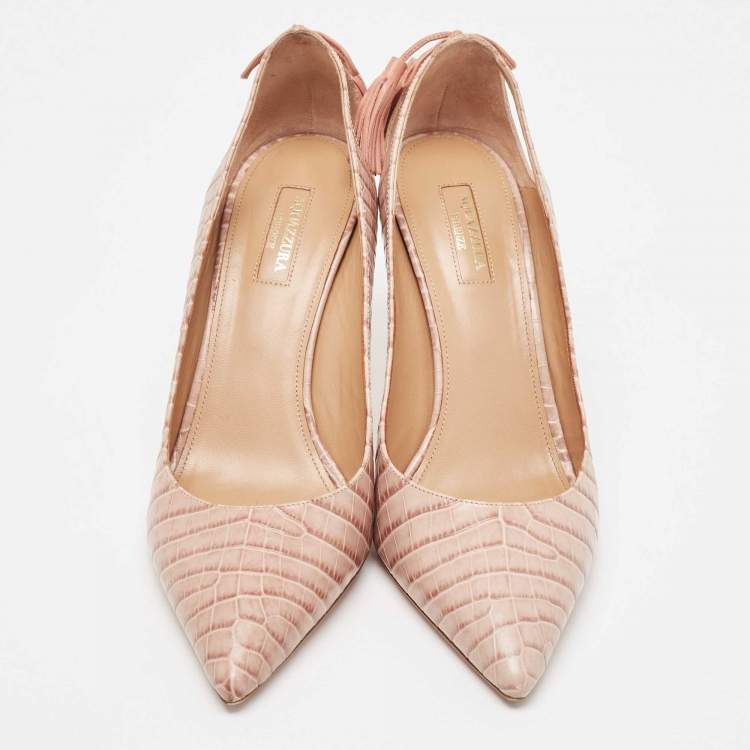 Pre Owned Aquazzura Beige Python Embossed Leather Ankle Tie Up Pointed Toe Pumps Size 40.5