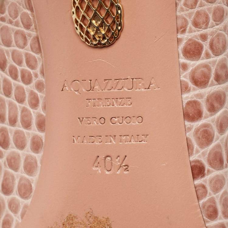 Pre Owned Aquazzura Beige Python Embossed Leather Ankle Tie Up Pointed Toe Pumps Size 40.5