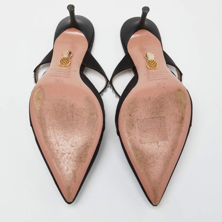 Pre Owned Aquazzura Black Satin Crystal Embellished Mule Sandals Size 36.5