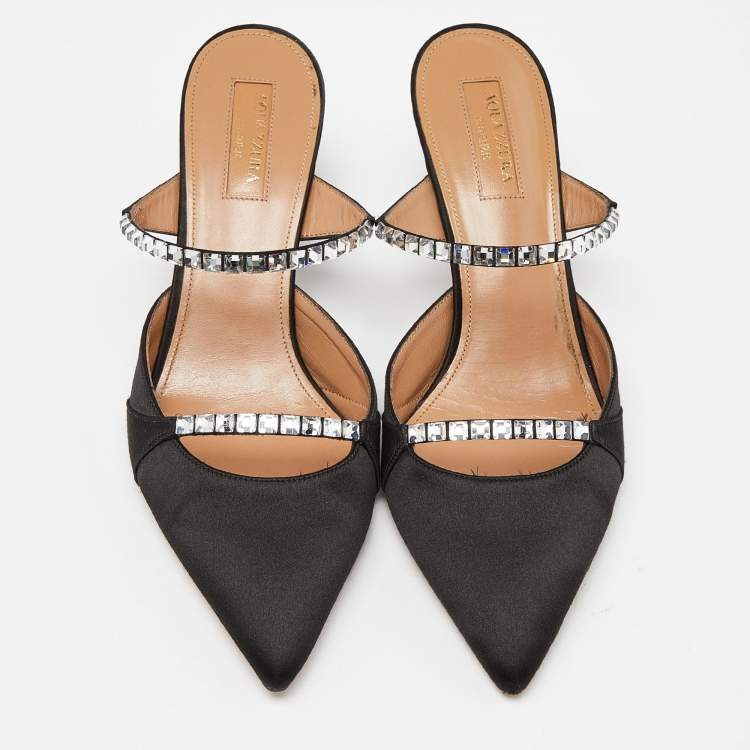 Pre Owned Aquazzura Black Satin Crystal Embellished Mule Sandals Size 36.5