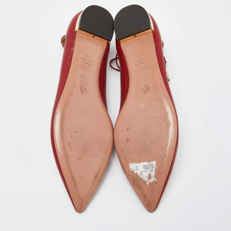 مملو�كة مسبقًا Aquazzura Red Leather Christy Ankle Tie Ballet Flats Size 40