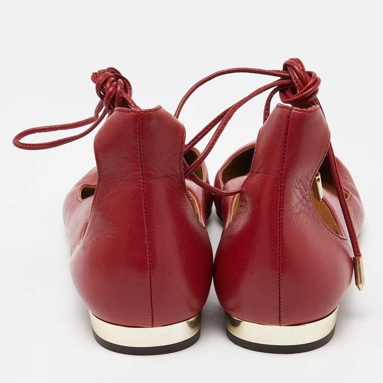 مملوكة مسبقًا Aquazzura Red Leather Christy Ankle Tie Ballet Flats Size 40