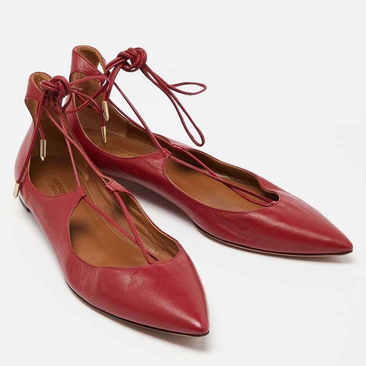مملوكة مسبقًا Aquazzura Red Leather Christy Ankle Tie Ballet Flats Size 40