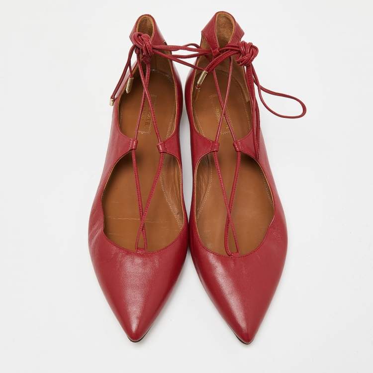 مملوكة مسبقًا Aquazzura Red Leather Christy Ankle Tie Ballet Flats Size 40