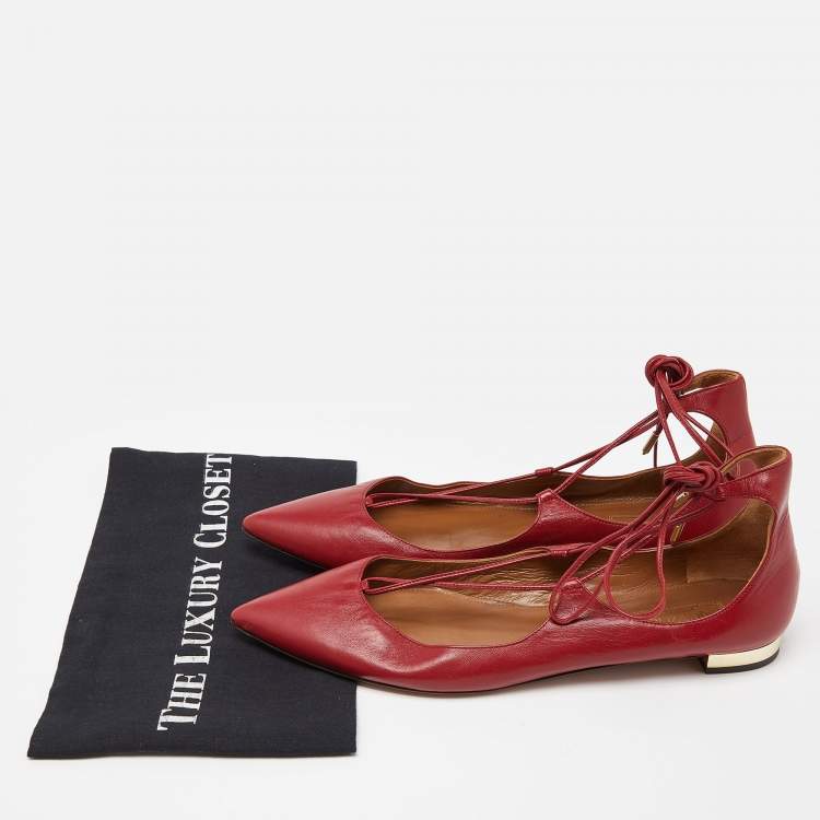 مملوكة مسبقًا Aquazzura Red Leather Christy Ankle Tie Ballet Flats Size 40
