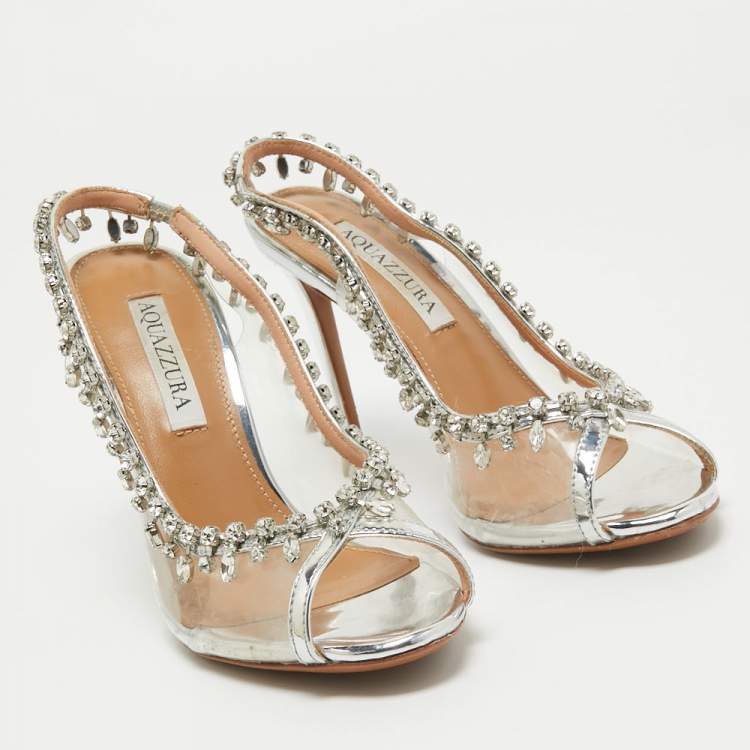 Pre Owned Aquazzura Silver Leather and PVC Temptation Slingback Pumps Size 37