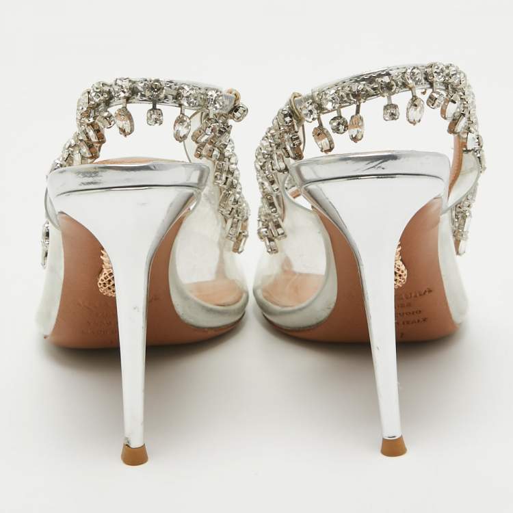 Pre Owned Aquazzura Silver Leather and PVC Temptation Slingback Pumps Size 37